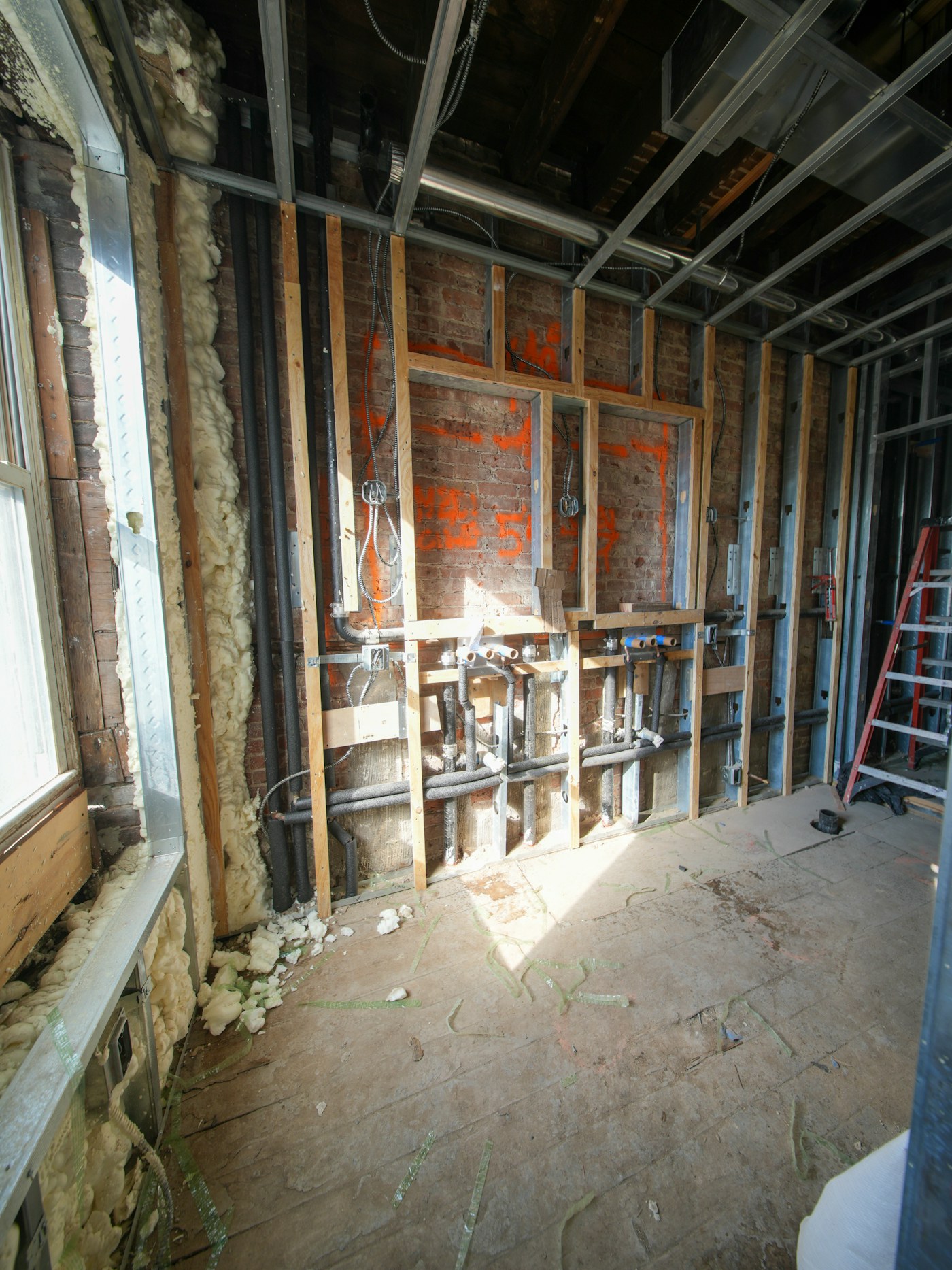 Opened wall framing during interior repair work